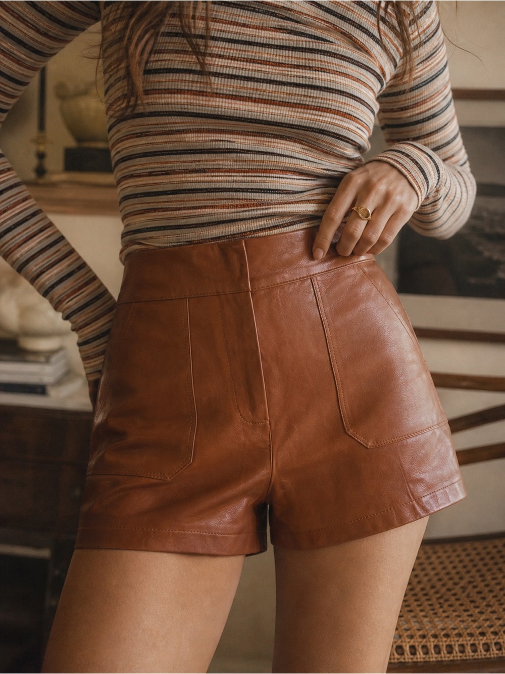 NWT TCEC High-Waist Faux Leather Shorts in Cognac Brown